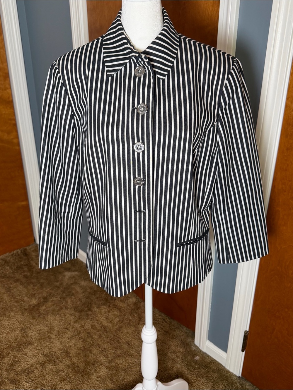 Chaps Navy Blue and White Vertical Stripe Blazer. Women’s size XL.